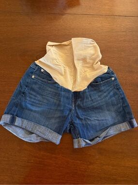 7 For All Mankind Blue Denim Maternity Shorts with Beige Panel